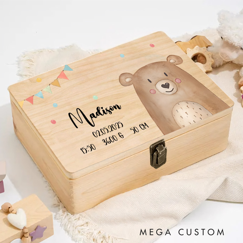 Personalized Bear Illustration with Birth Details Surrounded by Playful Bunting for Treasured Baby Keepsakes Keepsake Memory Box