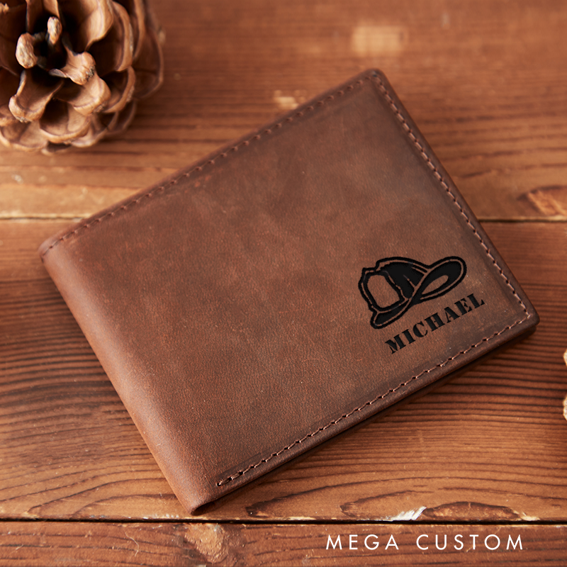 Personalized Engraved Leather Wallet for Firefighter Firefighter Helmet Design Gift for Fireman