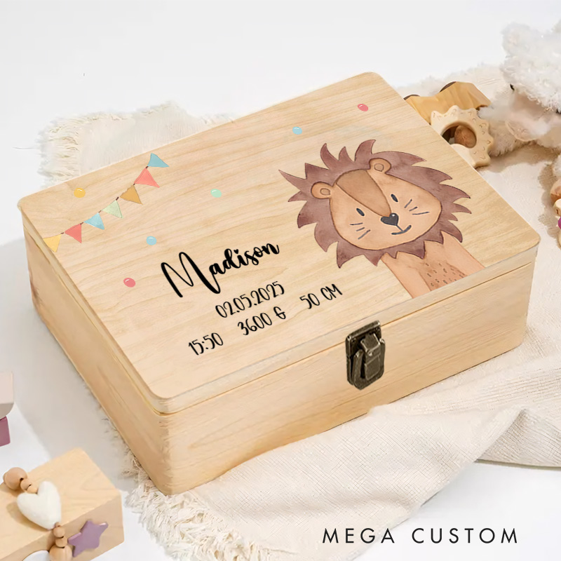 Personalized Lion Illustration with Birth Details Featuring Colorful Bunting for Celebrating Special Moments Keepsake Memory Box