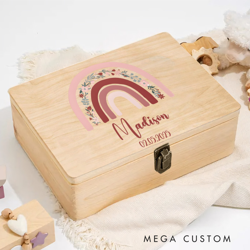 Personalized Earthy Rainbow Illustration with Floral Accents for Cherished Childhood Keepsakes Keepsake Memory Box