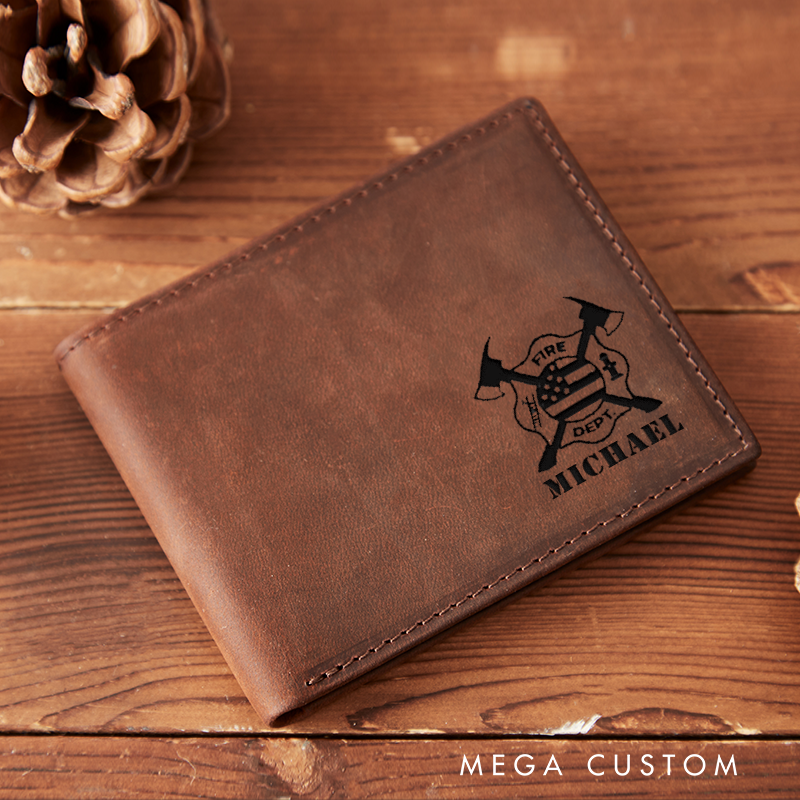Personalized Engraved Leather Wallet for Firefighter Crossed Axe Emblem Design Gift for Fireman