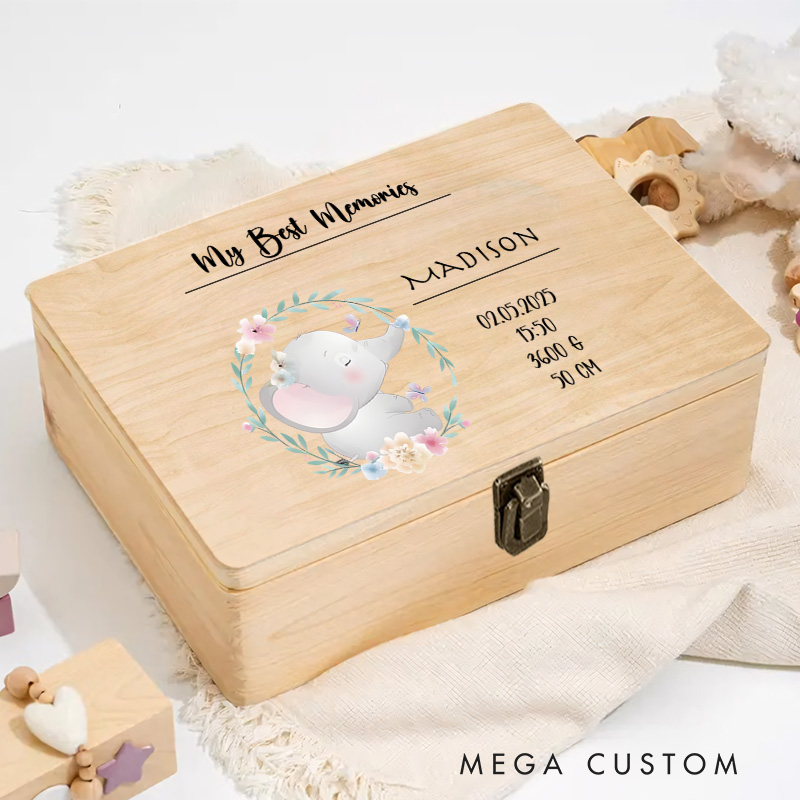 Personalized Birth Announcement with Baby Details Featuring Whale Illustration and Floral Accents Keepsake Memory Box