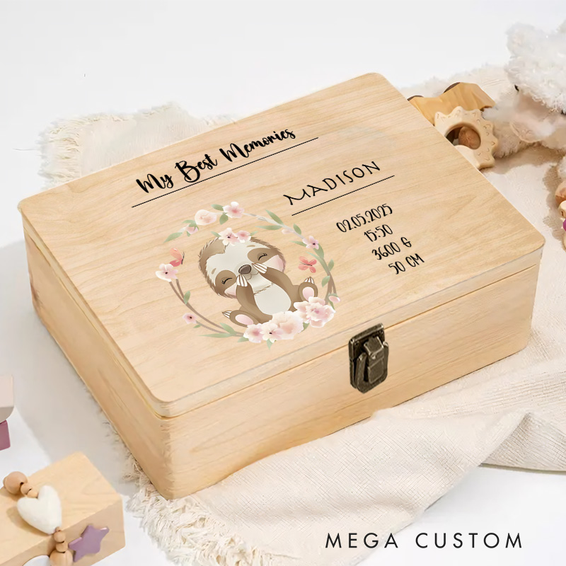 Personalized Woodland Owl Illustration with Birth Details Surrounded by Delicate Floral Accents Keepsake Memory Box