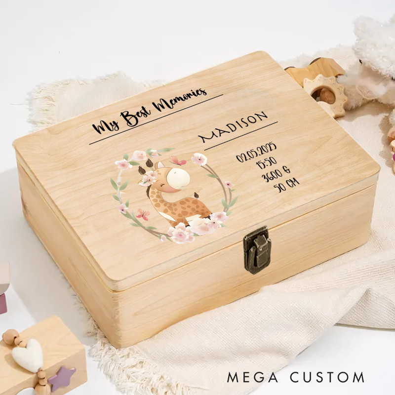 Personalized Fox Illustration with Birth Details Surrounded by Floral Accents for Special Baby Memories Keepsake Memory Box
