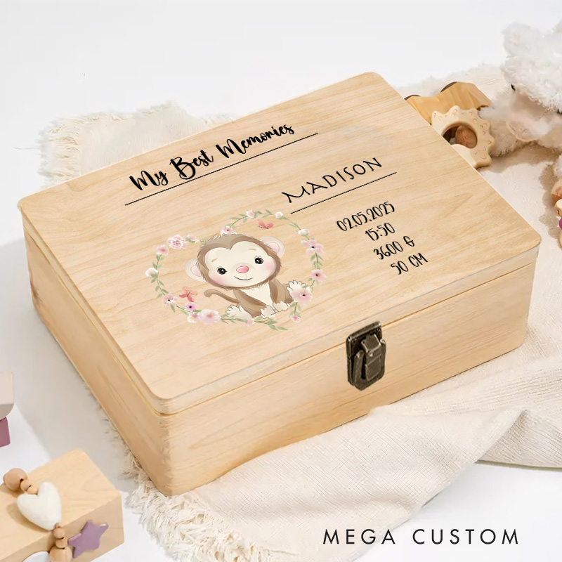 Personalized Monkey Illustration with Birth Details Surrounded by Floral Accents for Treasured Childhood Keepsakes Keepsake Memory Box