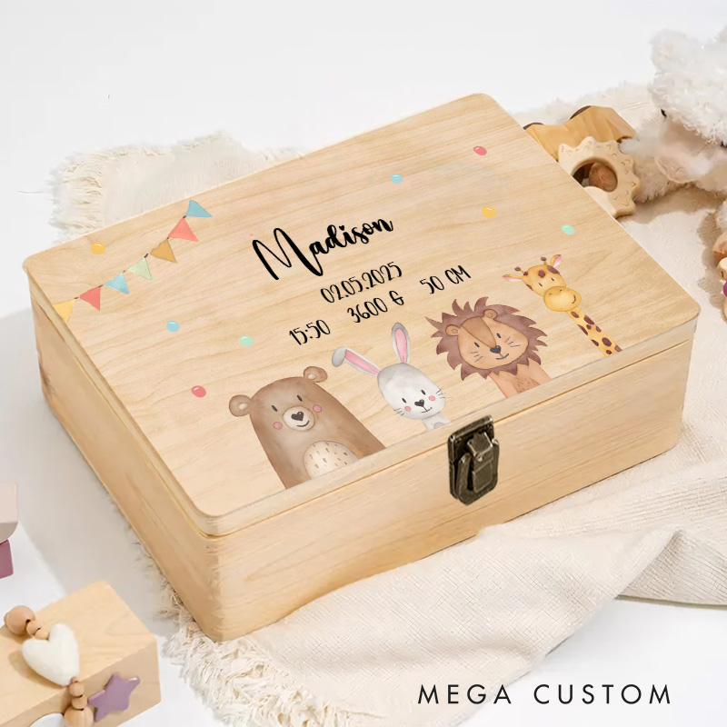 Personalized Woodland Animal Illustration Featuring Bear Rabbit Lion and Giraffe with Playful Accents for Cherished Memories Keepsake Memory Box
