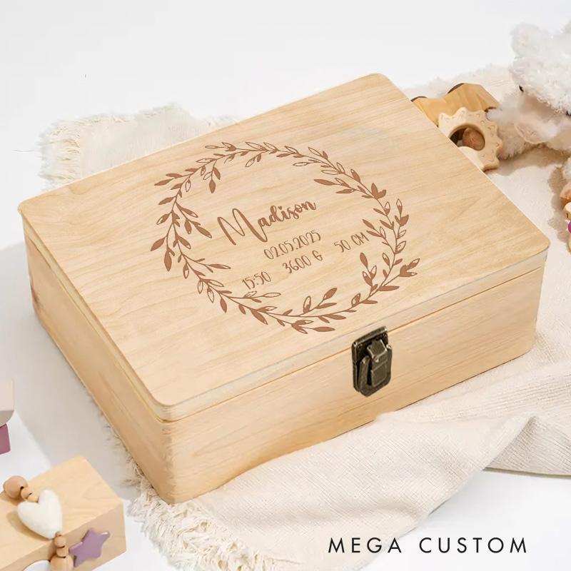 Personalized Birth Announcement with Elegant Floral Wreath Featuring Baby Details for Treasured Keepsakes Keepsake Memory Box