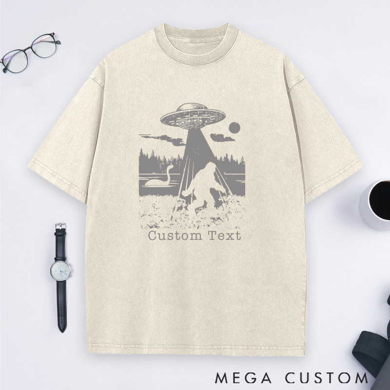 Personalized Funny Bigfoot Loch Ness Monster Alien Washed T-Shirts Gift for Hiking Camping Adventure Lovers