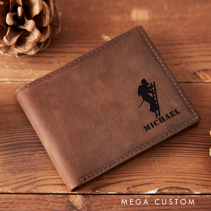 Personalized Engraved Leather Wallet for Firefighter Firefighter Climbing Ladder Design Gift for Fireman