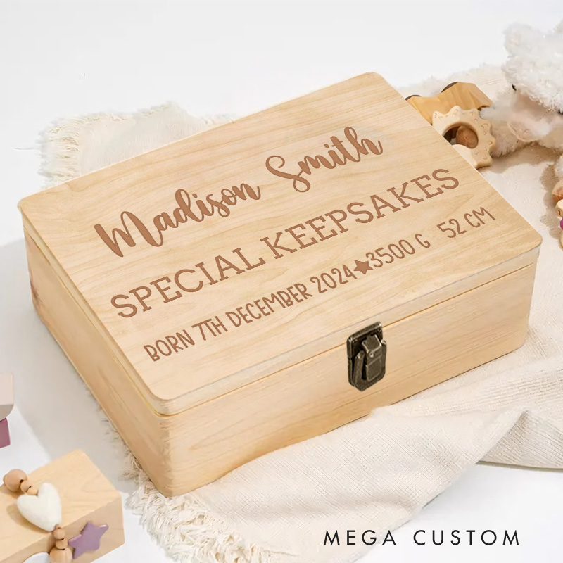 Personalized Birth Announcement Featuring Baby Details with Special Keepsakes Highlight for Treasured Memories Keepsake Memory Box