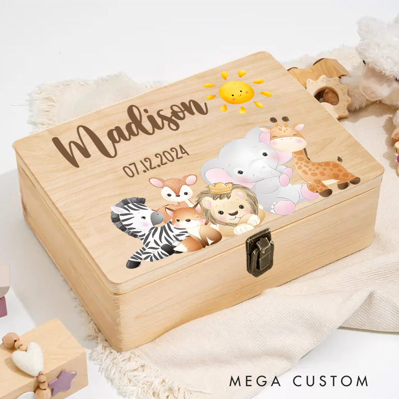 Personalized Animal Group Illustration Including Elephant Lion Giraffe and Zebra with Baby Details for Cherished Memories Keepsake Memory Box
