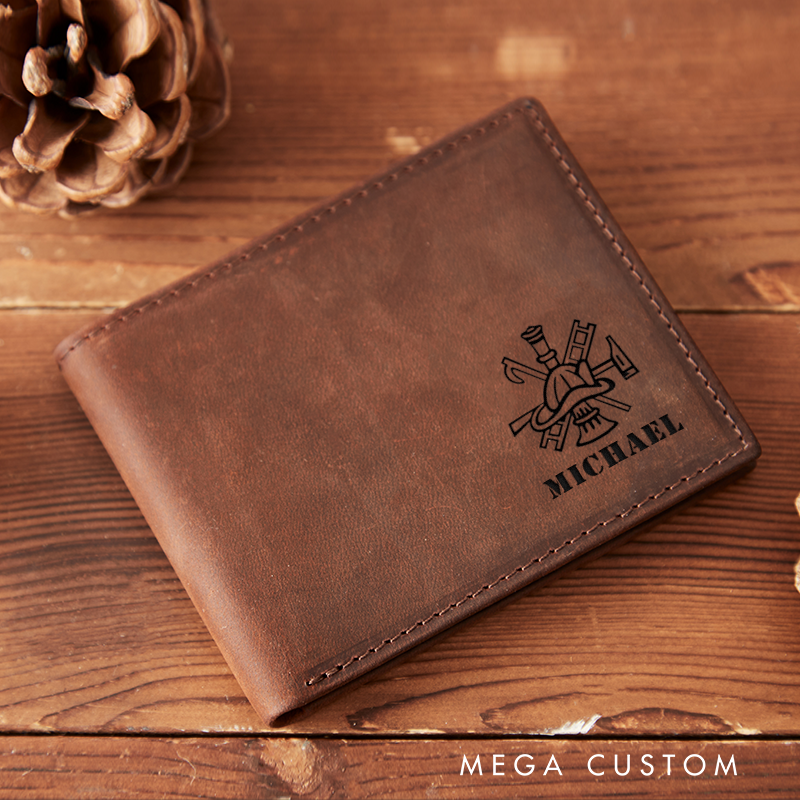 Personalized Engraved Leather Wallet for Firefighter Firefighter Tools Emblem Design Gift for Fireman