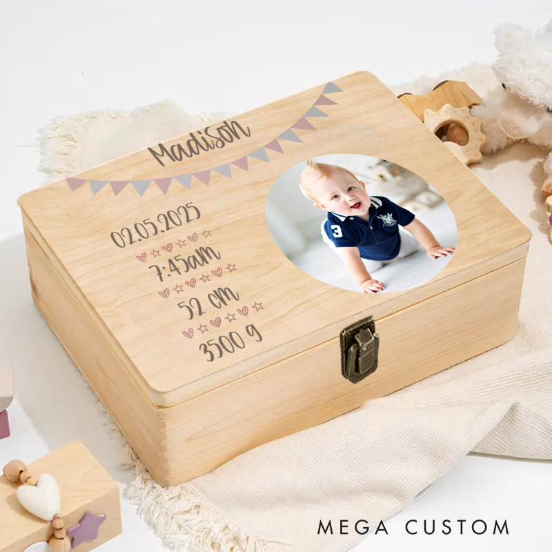 Personalized Minimalist Heart and Bunting Illustration for Storing Precious Baby Memories Keepsake Memory Box