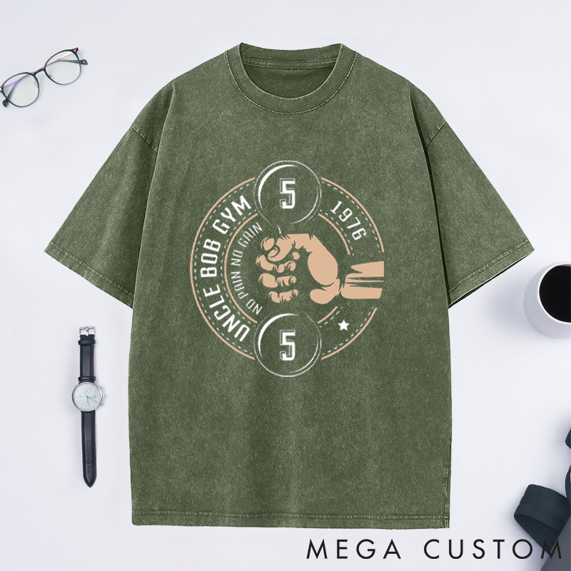 Personalized Gym Washed T-Shirts with Retro Fist and Dumbbell Design for Fitness Enthusiasts Bodybuilders and Gym Lovers