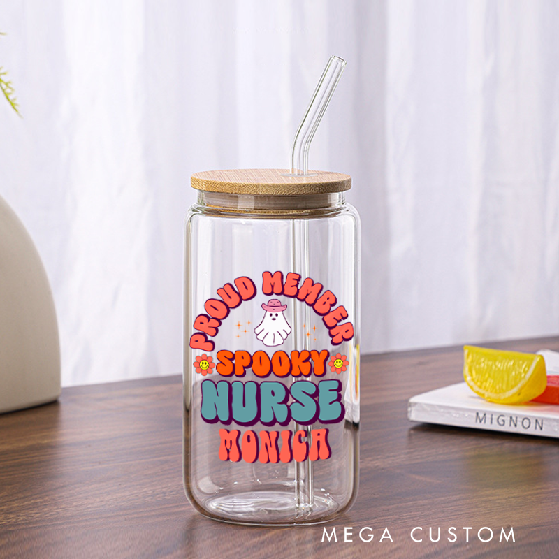 Personalized Nurse Tumbler with Lid and Straw Proud Member Spooky Nurse Design Custom Glass Coffee Cup 