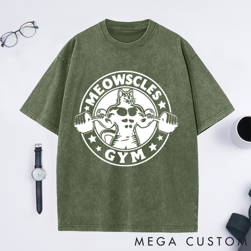 Personalized Gym Washed T-Shirts with Buff Cat Lifting Dumbbells Design for Fitness Enthusiasts Bodybuilders and Gym Lovers