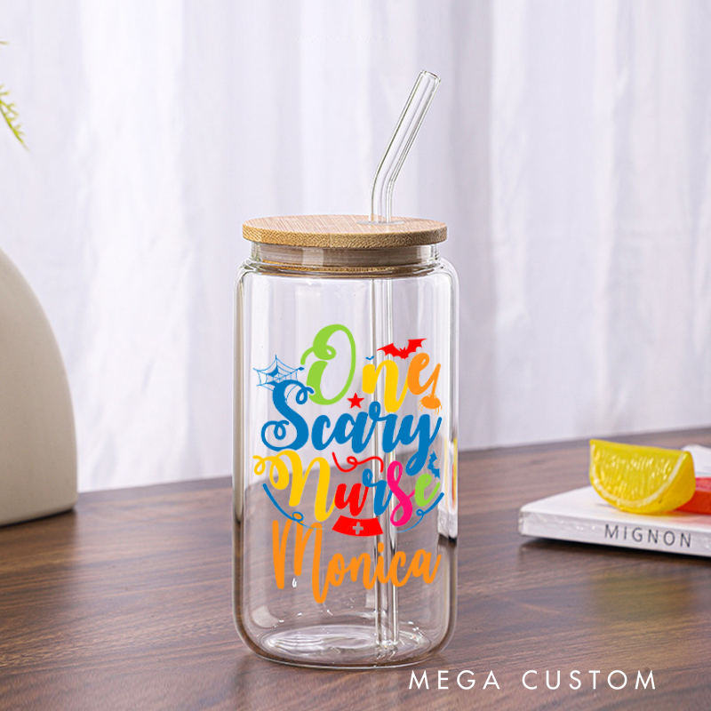 Personalized Nurse Tumbler with Lid and Straw One Scary Nurse Design Custom Glass Coffee Cup 