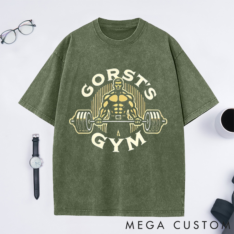 Personalized Powerful Bodybuilder Washed T-Shirts with Barbell Design for Fitness Enthusiasts Bodybuilders and Gym Lovers