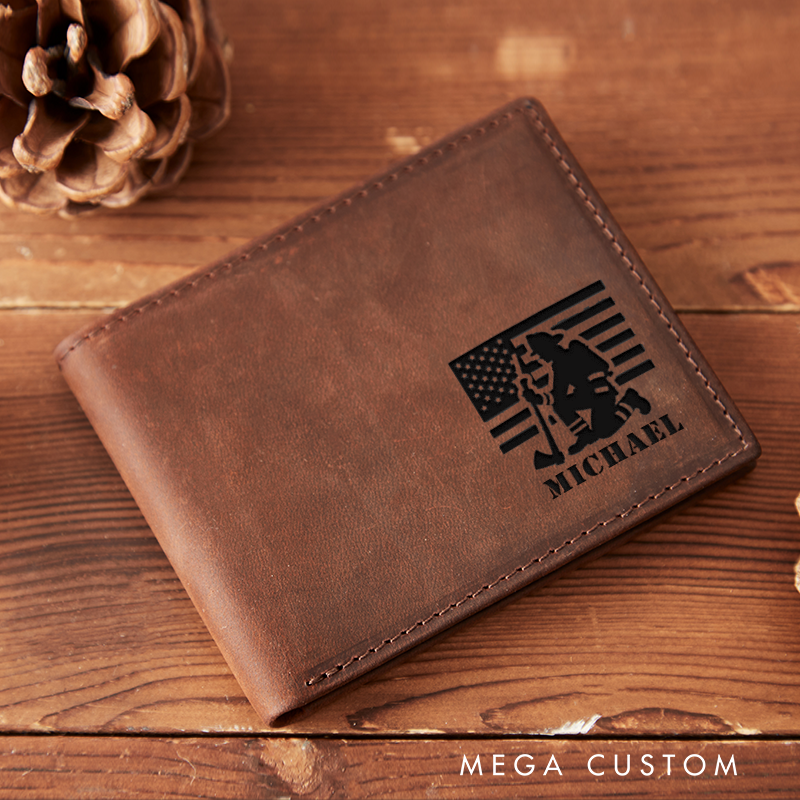 Personalized Engraved Leather Wallet for Firefighter Firefighter with American Flag Design Gift for Fireman