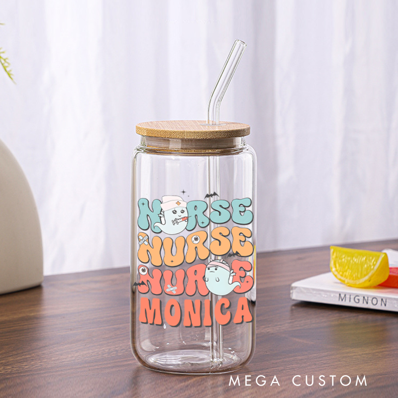 Personalized Nurse Tumbler with Lid and Straw Halloween Nurse Design Custom Glass Coffee Cup 