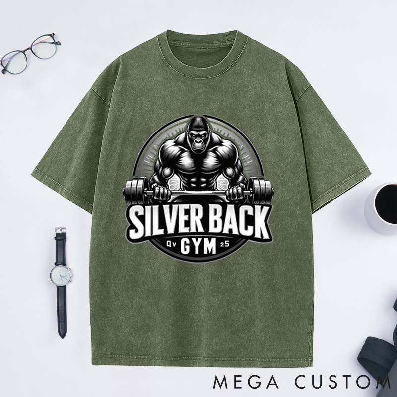 Personalized Retro Fitness Washed T-Shirts with Fierce Gorilla Lifting Barbell Design for Fitness Enthusiasts Bodybuilders and Gym Lovers