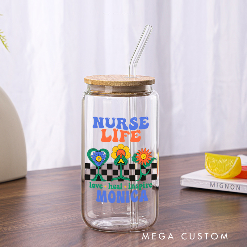 Personalized Nurse Tumbler with Lid and Straw Love Heal Inspire Design Custom Glass Coffee Cup 