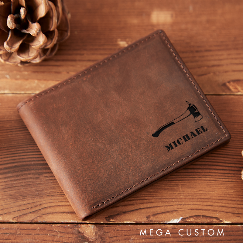Personalized Engraved Leather Wallet for Firefighter Fire Axe Design Gift for Fireman