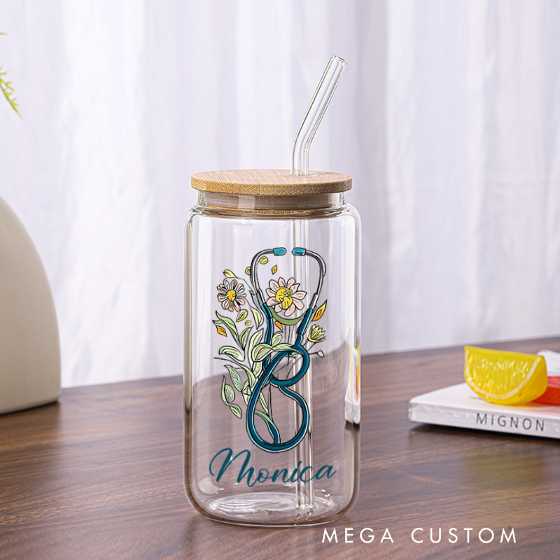 Personalized Nurse Tumbler with Lid and Straw Stethoscope Blooms The Art of Healing Design Custom Glass Coffee Cup 