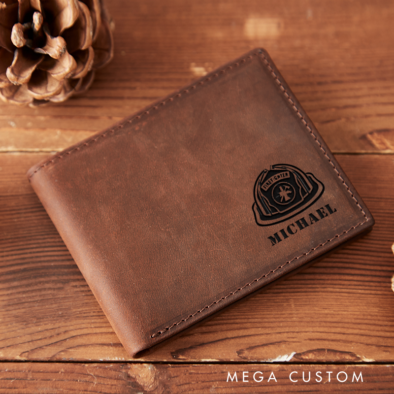 Personalized Engraved Leather Wallet for Firefighter Firefighter Helmet Badge Design Gift for Fireman
