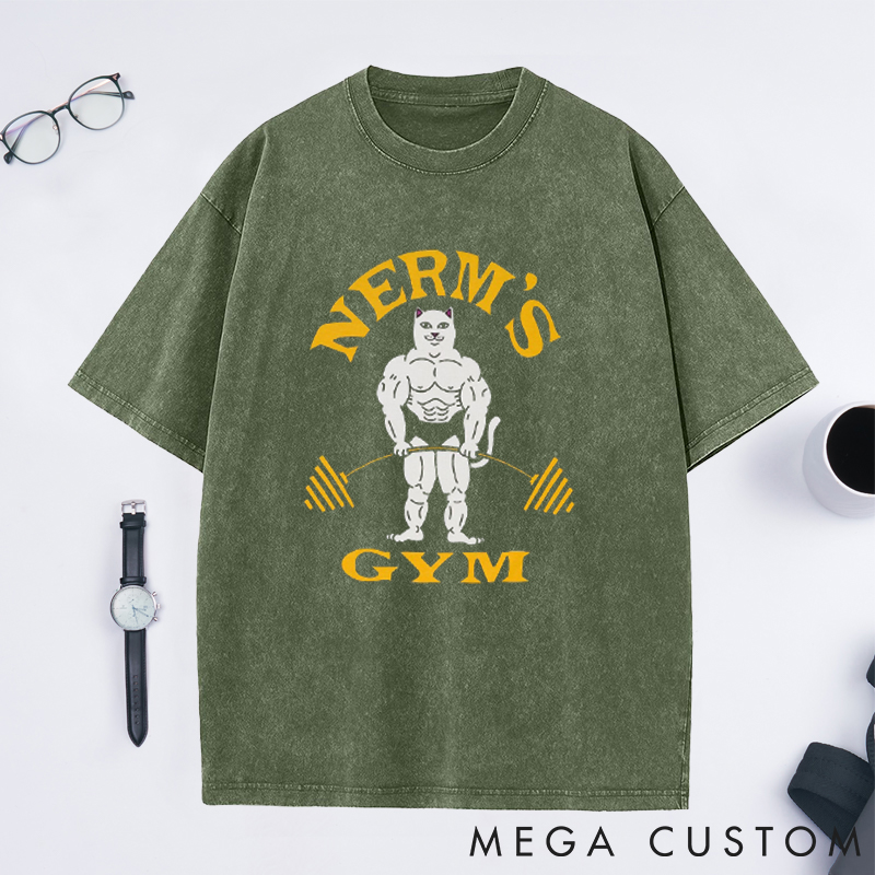Personalized Barbell Design Washed T-Shirts with Muscular Cartoon Character for Fitness Enthusiasts Bodybuilders and Gym Lovers