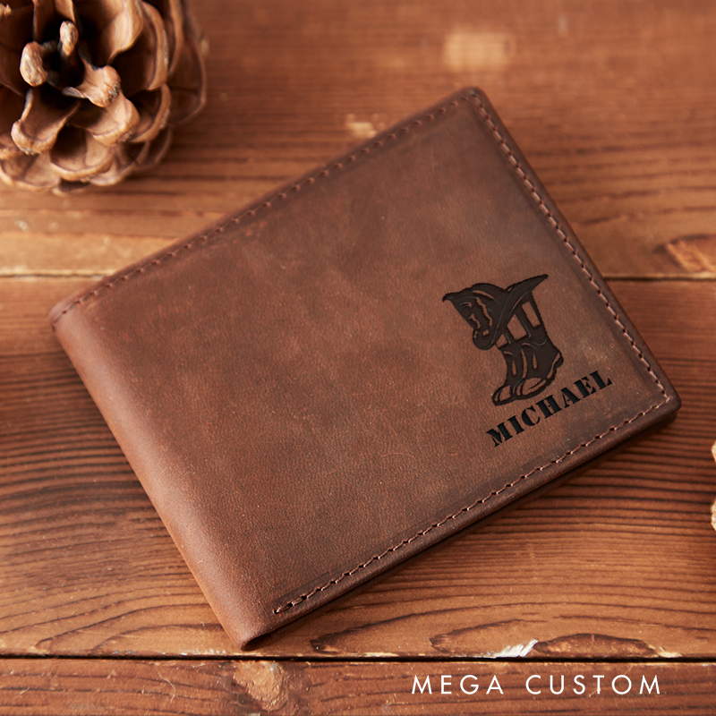 Personalized Engraved Leather Wallet for Firefighter Fire Hose Nozzle Design Gift for Fireman