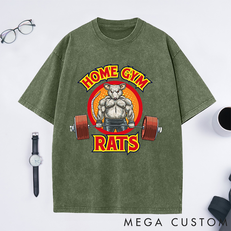 Personalized Gym Washed T-Shirts with Muscular Rat Lifting Barbell Design for Fitness Enthusiasts Bodybuilders and Gym Lovers