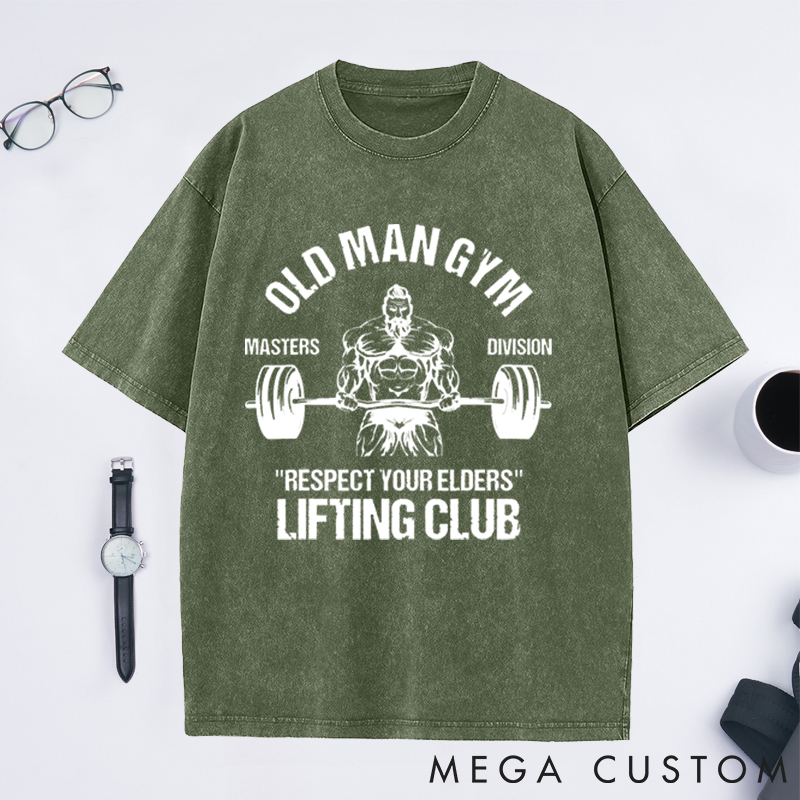 Personalized Old Man Gym Washed T-Shirts with Masters Lifting Club Design for Fitness Enthusiasts Bodybuilders and Gym Lovers
