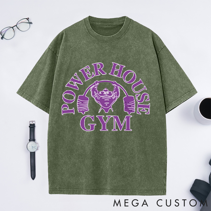 Personalized Power House Gym Washed T-Shirts with Bold Purple Bodybuilder Design for Fitness Enthusiasts Bodybuilders and Gym Lovers