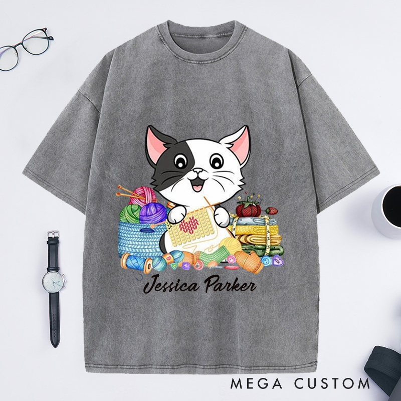 Personalized I Love Knitting And Cat Washed T-Shirts Knit Gift Knitting Gift Knitter Gift Love To Knit Love Knitting Knit Lover