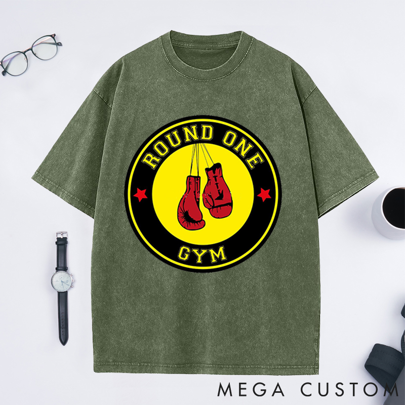 Personalized Round One Gym Washed T-Shirts with Classic Boxing Gloves Design for Fitness Enthusiasts Bodybuilders and Gym Lovers