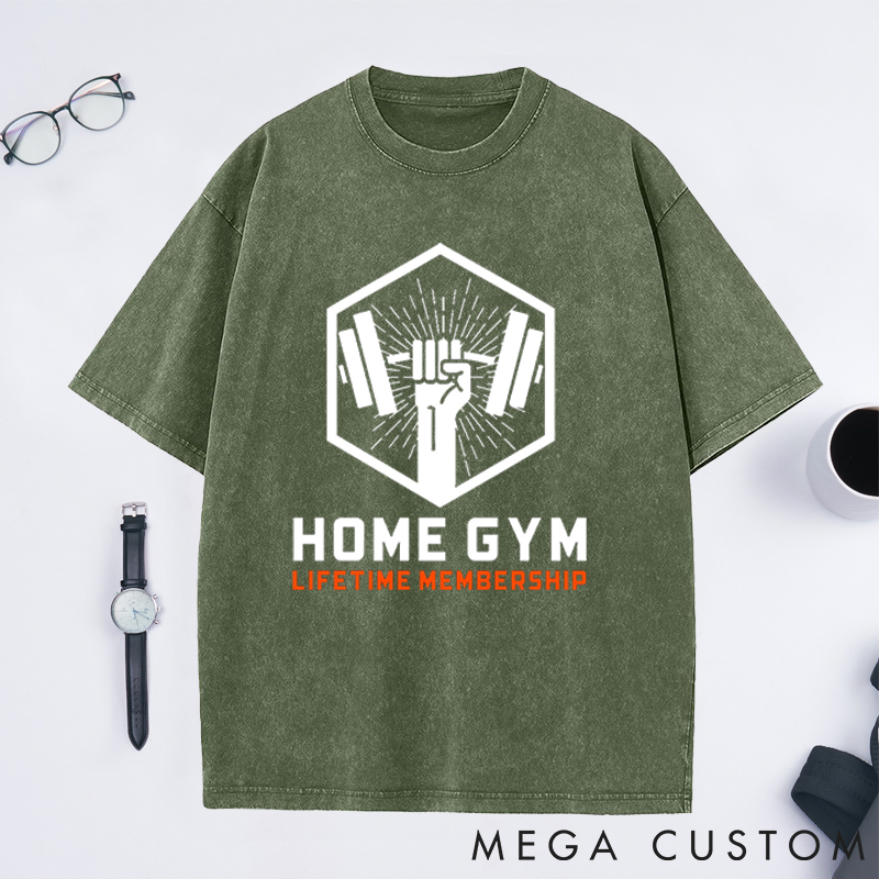 Personalized Gym Washed T-Shirts with Lifetime Membership Bold Barbell Design for Fitness Enthusiasts Bodybuilders and Gym Lovers