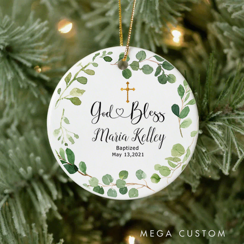 Personalized Greenery Cross Ceramic Ornament with Name Date First Communion Gift for Christian Confirmation and Baptism Gift