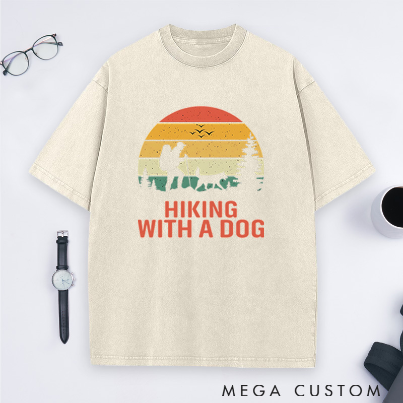 Personalized Hiking With A Dog Washed T-Shirts Mountain Adventures Shirts Gift for Hiking Traveling Camping Lover