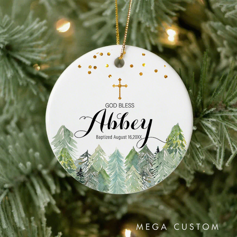 Personalized Pine Trees Ceramic Ornament with Name Date First Communion Gift for Christian Baptism and Confirmation Gift 