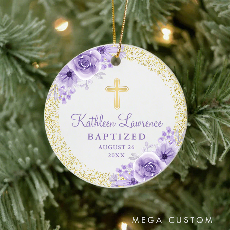 Personalized Purple Floral Gold Ceramic Ornament with Name Date First Communion Gift for Christian Baptism and Confirmation Gift 