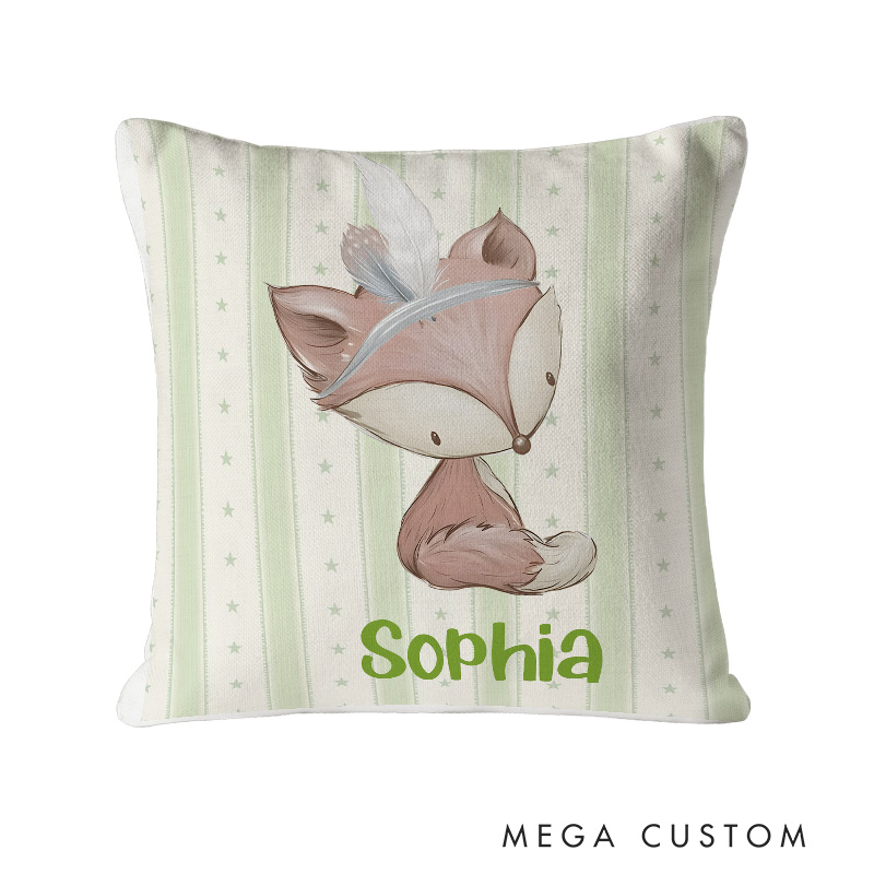 Personalized Fox with Feathers Pastel Striped Whimsical Baby Decor Throw Pillows