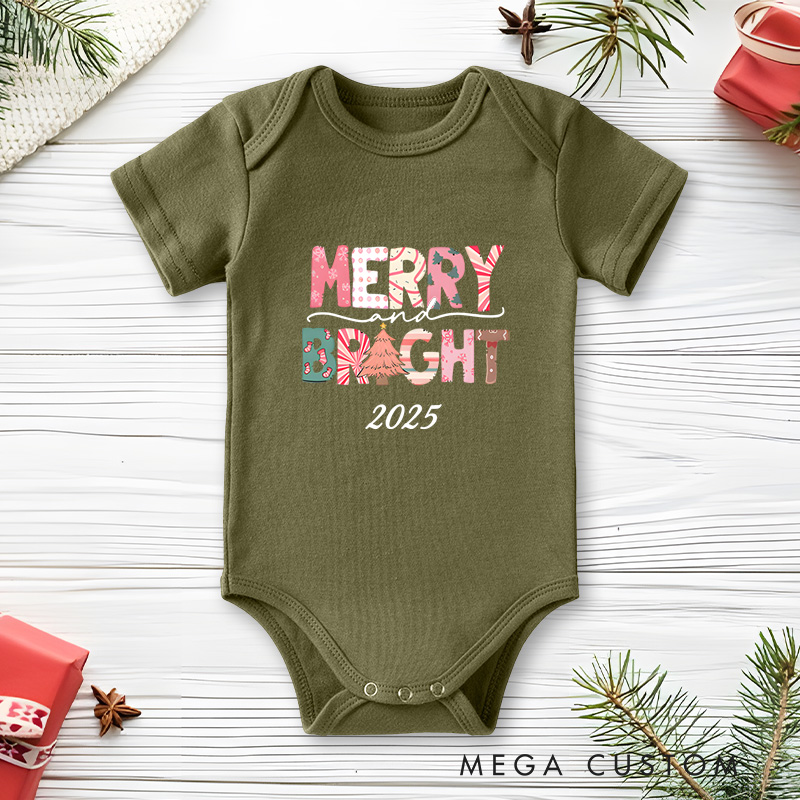 Personalized Merry and Bright Baby Onesie Perfect for a Colorful and Festive Holiday Outfit Baby Onesie