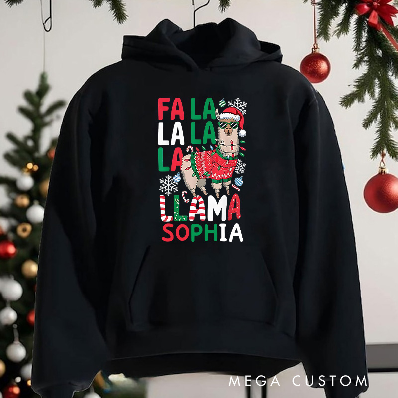 Personalized Fa La La Llama with Santa Hat and Scarf Christmas Hoodies