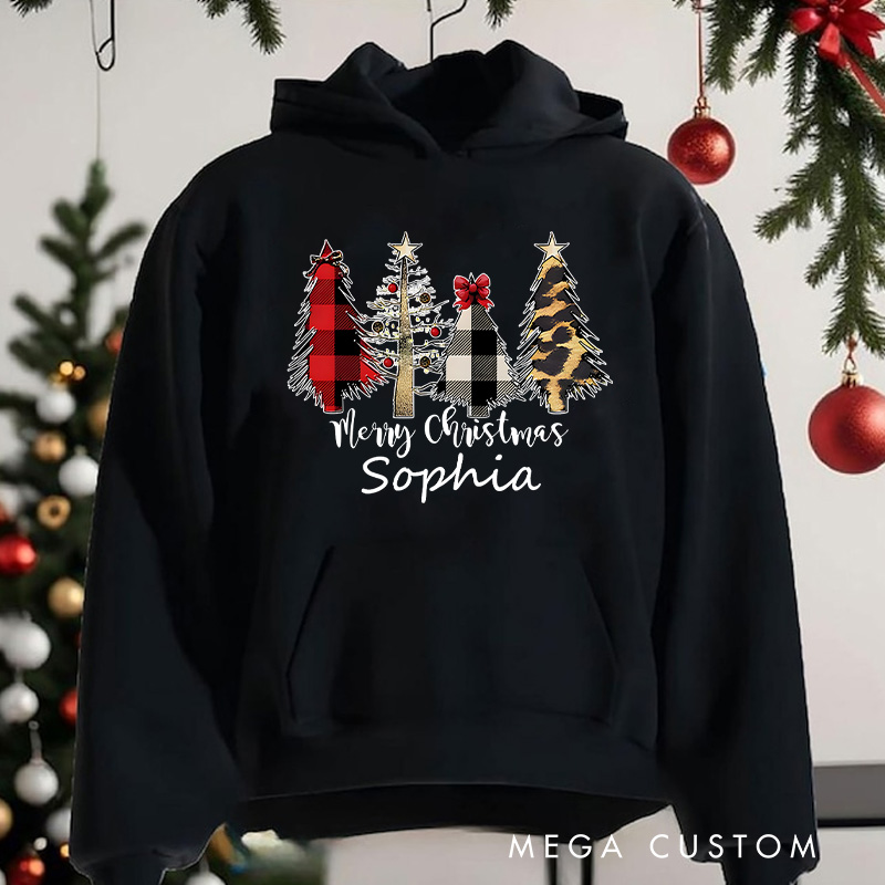 Personalized Plaid and Animal Print Christmas Trees with Bow Christmas Hoodies