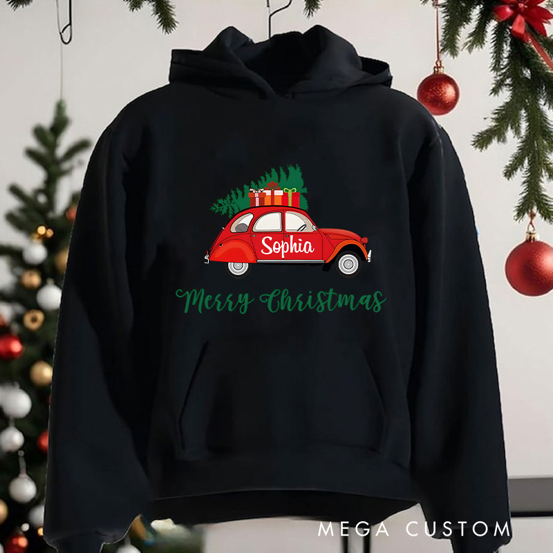 Personalized Red Car Carrying Christmas Tree with Merry Christmas Text Christmas Hoodies