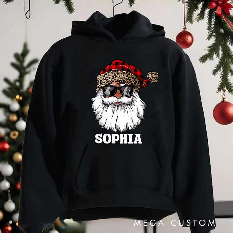 Personalized Santa with Plaid and Leopard Print Hat Christmas Hoodies