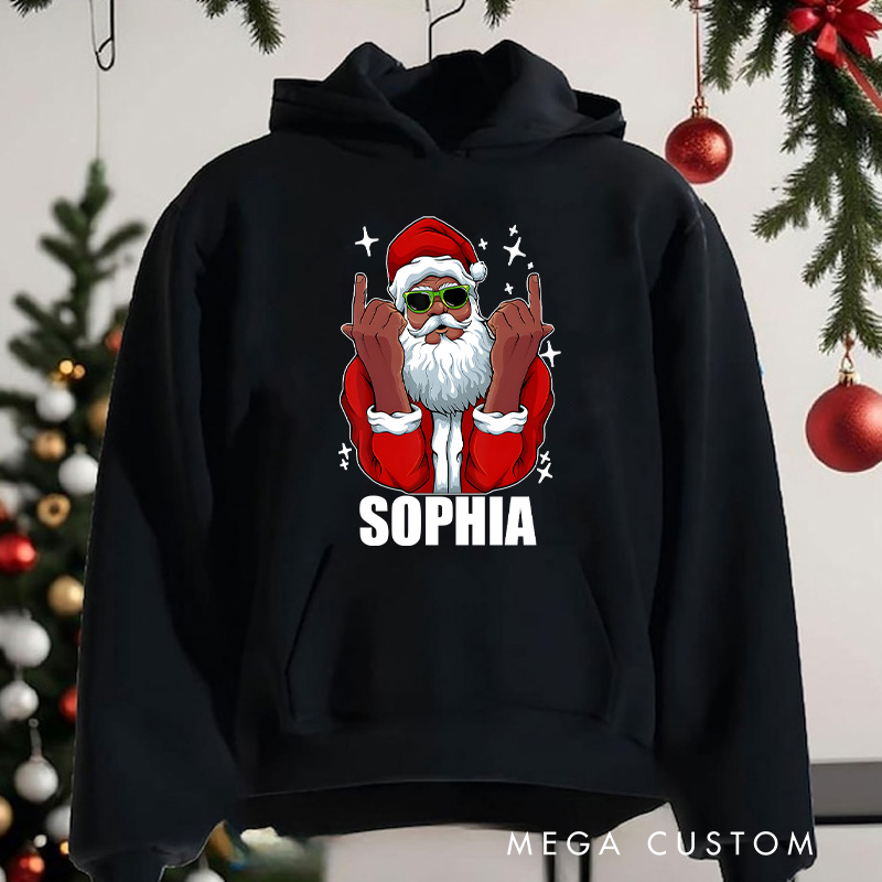 Personalized Cool Santa with Sunglasses and Rock Hand Gesture Christmas Hoodies
