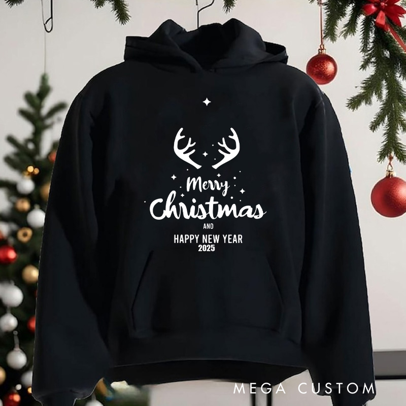 Personalized Merry Christmas and Happy New Year with Reindeer Antlers Christmas Hoodies