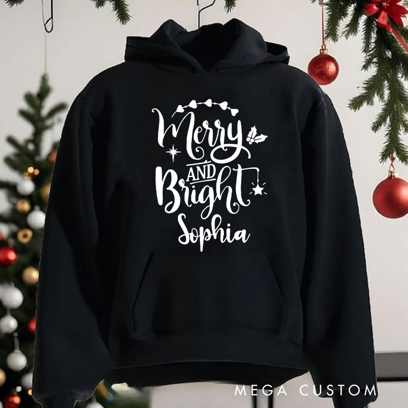 Personalized Merry and Bright with Holly and Festive Accents Christmas Hoodies